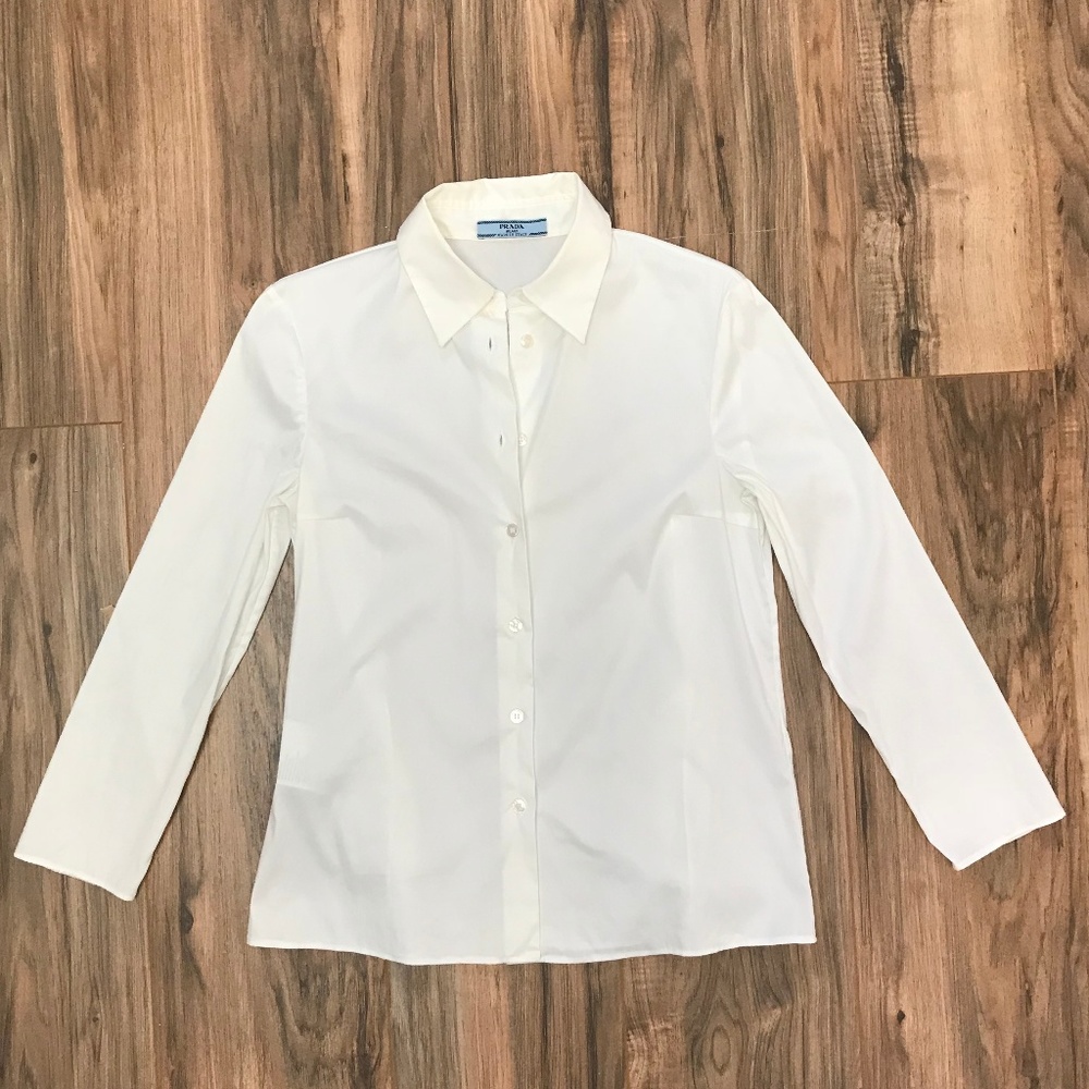 PRADA Stretch Cotton Tie-Back Button Blouse Shirt